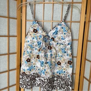 Floral Vintage Y2K Blue and Brown Cami Top with Tie Front, S